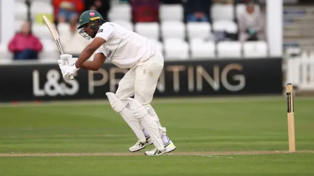 Rishi Patel on his way to a half century in Leics second innings