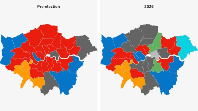 Two maps showing how London's boroughs have changed following this election