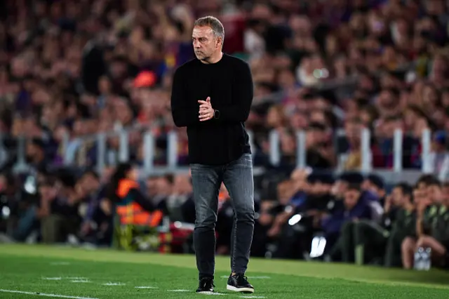 Hansi Flick, Manager of FC Barcelona looks on