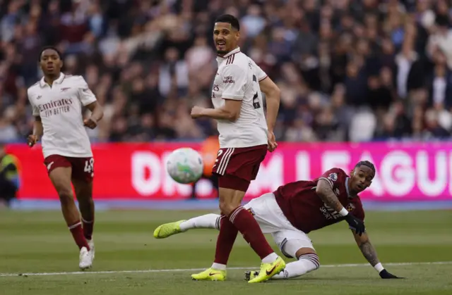 Arsenal's William Saliba in action with West Ham United's Crysencio Summerville