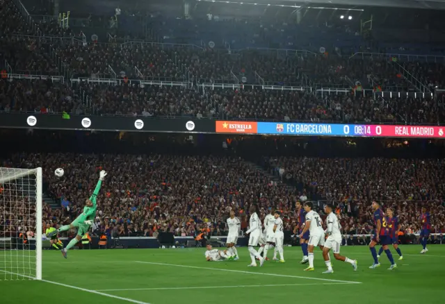 FC Barcelona's Marcus Rashford scores their first goal from a free kick