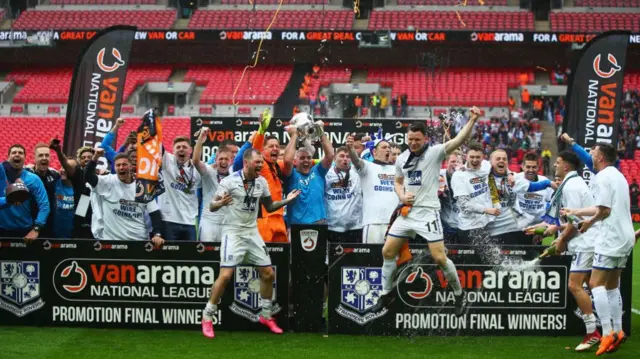 Tranmere Rovers celebrating their 2018 promotion final victory