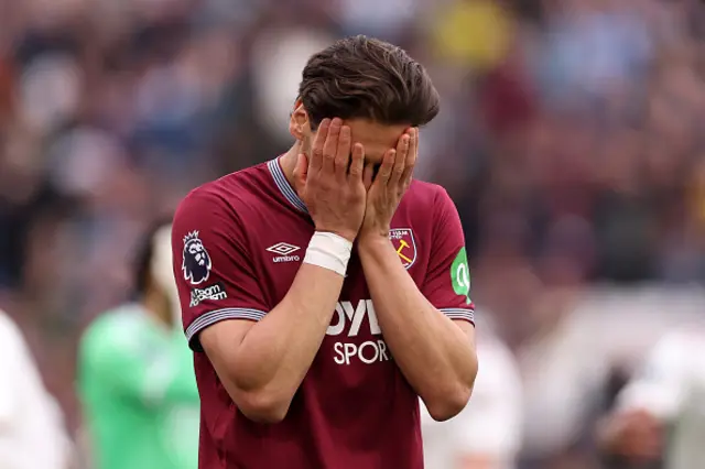 Konstantinos Mavropanos of West Ham United looks dejected