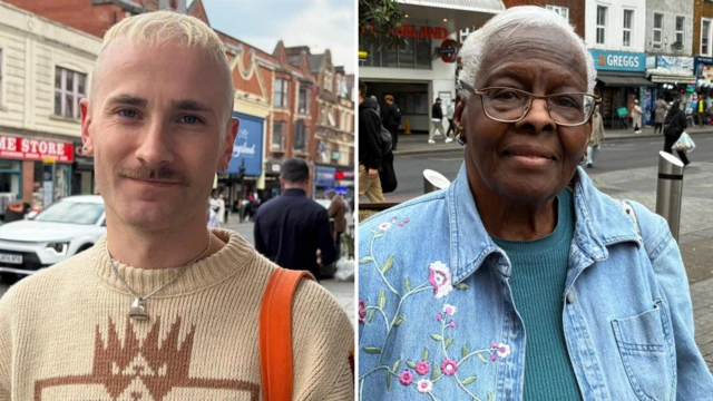 Composite of photos of a young man and an older lady standing in an urban town centre street.