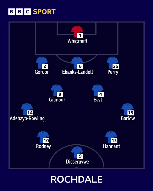 The Rochdale team to face Boreham Wood shown in formation using blue shirts with players names written in white underneath