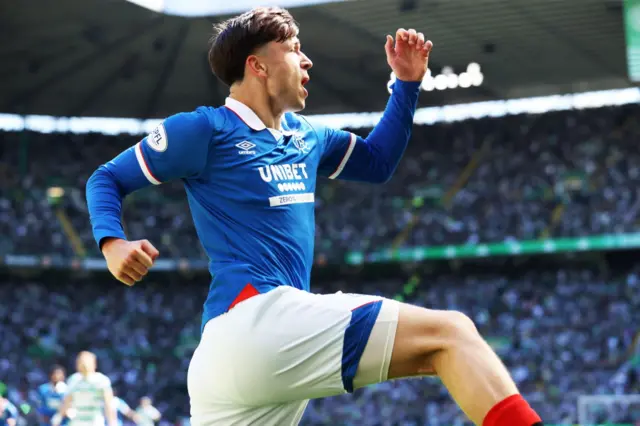 Rangers Mikey Moore celebrates after scoring to make it 1-0 during a William Hill Premiership match between Celtic and Rangers at Celtic Park, on May 10, 2026, in Glasgow, Scotland