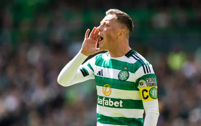 Celtic's Callum McGregor shouts during a William Hill Premiership match between Celtic and Rangers at Celtic Park, on May 10, 2026, in Glasgow, Scotland.