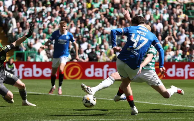 Rangers Mikey Moore scores to make it 1-0 during a William Hill Premiership match between Celtic and Rangers at Celtic Park, on May 10, 2026, in Glasgow, Scotland.