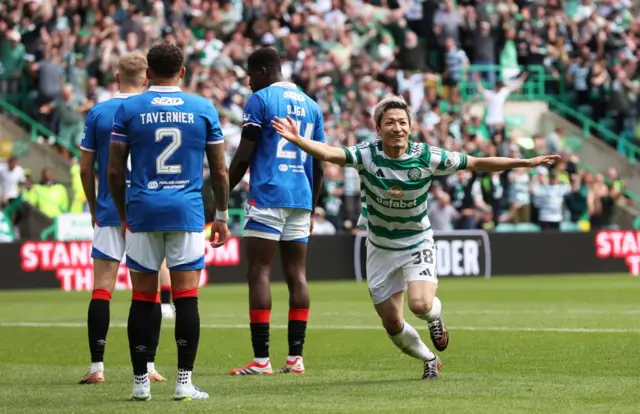 Celtic’s Daizen Maeda celebrates after scoring to make it 3-1 during a William Hill Premiership match between Celtic and Rangers at Celtic Park, on May 10, 2026, in Glasgow, Scotland.