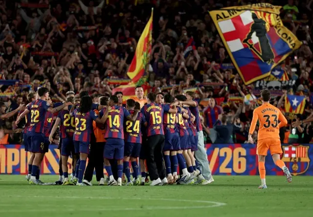 Barcelona's players celebrate winning
