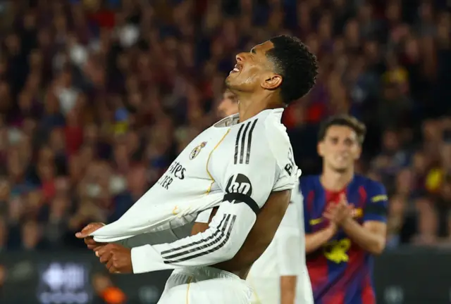 Real Madrid's Jude Bellingham reacts after scoring a goal that was later disallowed