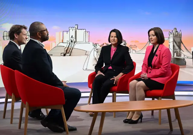 Catherine West, Bridget Phillipson, James Cleverly and Richard Tice on Sunday with Laura Kuenssberg