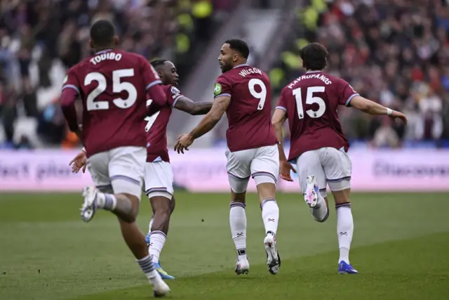 West Ham United's Callum Wilson celebrates scoring their first goal with teammates