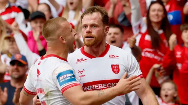 Hull KR's Mikey Lewis and Joe Burgess celebrate against Warrington