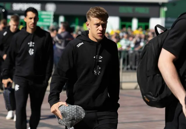 Rangers Connor Barron arrives duing a William Hill Premiership match between Celtic and Rangers at Celtic Park, on May 10, 2026, in Glasgow, Scotland