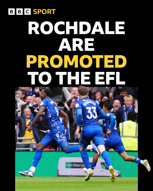 A headline confirming Rochdale are promoted to the EFL with a photograph of Emmanuel Dieseruvwe celebrating