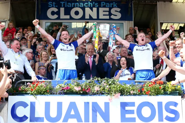Monaghan's Conor McManus and Colin Walshe celebrate with the Anglo Celt Cup