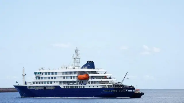 The cruise ship MV Hondius docked at the port of Granadilla de Abona in Spain