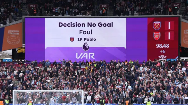 Screen at London Stadium showing VAR decision