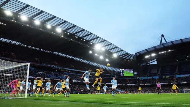 General view inside the stadium as Joao Gomes of Wolverhampton Wanderers heads the ball