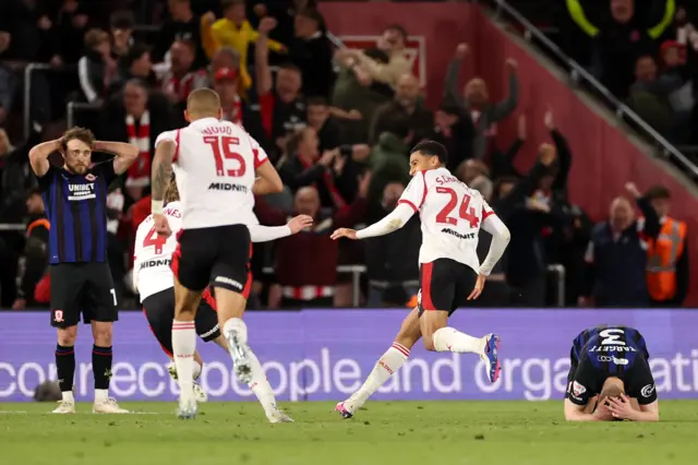 Southampton's Shea Charles celebrates his winner in the play-off semi final.