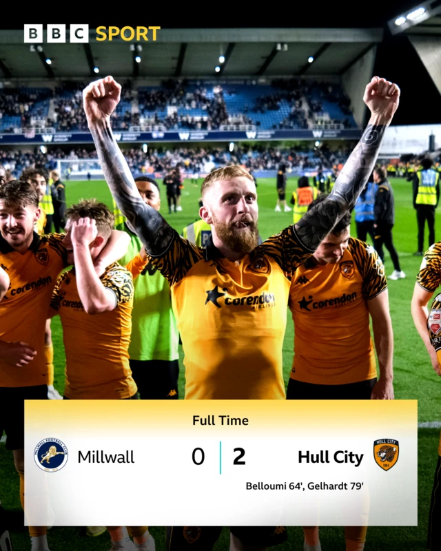 A photo of Ollie McBurnie holding his arms out in celebration with his Hull City teammates with the score Millwall 0-2 Hull City beneath