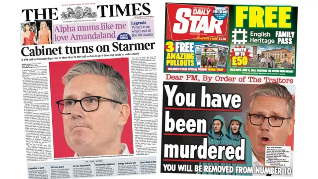 Newspapers composite image: 'Cabinet turns on Starmer' and 'You have been murdered'