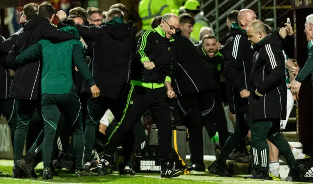 Celtic manager Martin O'Neill celebrates after Kelechi Ihenanacho scores