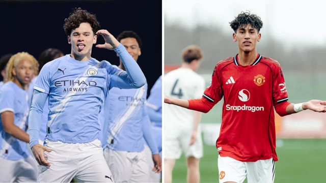 Manchester City's Teddie Lamb and Manchester United's JJ Gabriel.