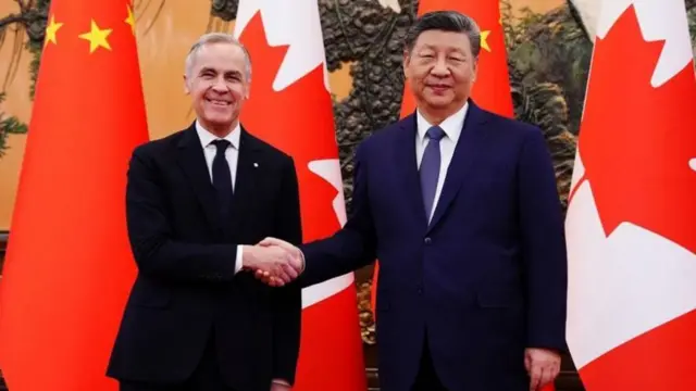 Canadian Prime Minister Mark Carney exchanges a handshake with Chinese leader Xi Jinping during a photo call
