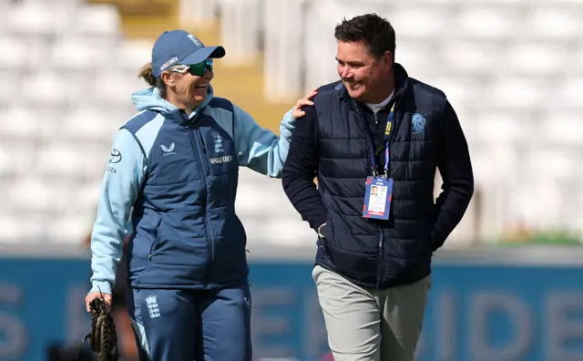 Marcus North, Director of cricket for Durham chats with Charlotte Edwards, head coach of England Women