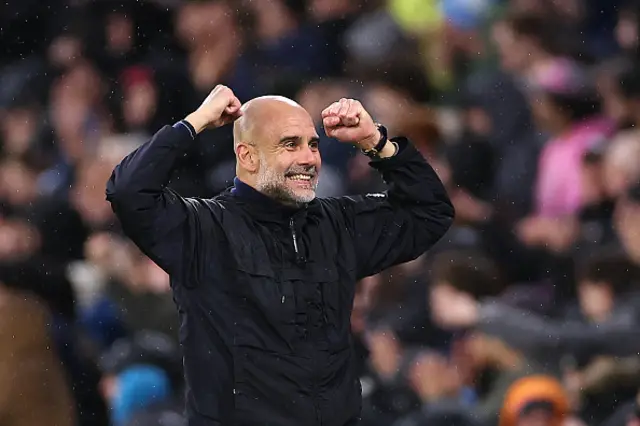 Pep Guardiola Manager / Head Coach of Manchester City celebrates