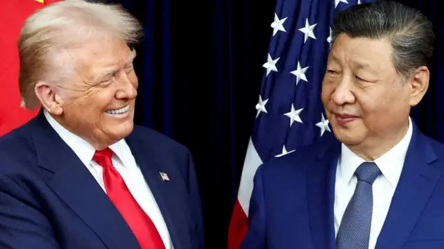Donald Trump and Chinese President Xi Jinping react as they hold a bilateral meeting at Gimhae International Airport, on the sidelines of the Asia-Pacific Economic Cooperation (APEC) summit, in Busan, South Korea, October 30, 2025.