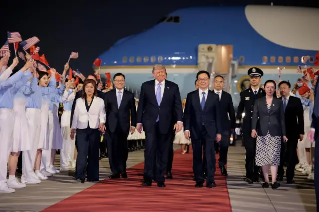 US President Donald Trump participates in an arrival ceremony at Beijing Capital International Airport during his visit to the country, in Beijing, China, May 13, 2026