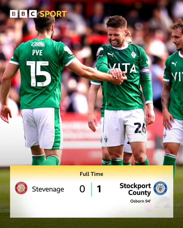 A photo of Stockport County players celebrating above the score Stevenage 0-1 Stockport County