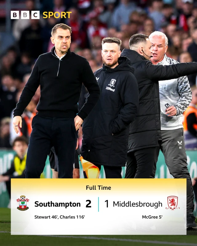 A photo of Tonda Eckert and Kim Hellberg having a heated discussion in the technical area during their play-off semi-final second leg at St Mary's on Tuesday