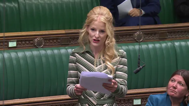 Hannah Spencer speaks in the House of Commons. She is holding a set of papers and wearing a striped green and cream dress.