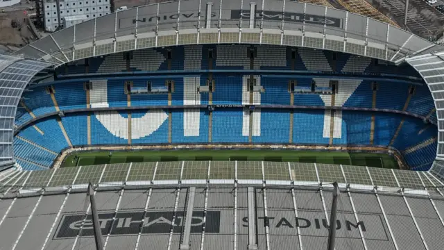 An aerial view of The Etihad Stadium during the Premier League match between Manchester City and Crystal Palace