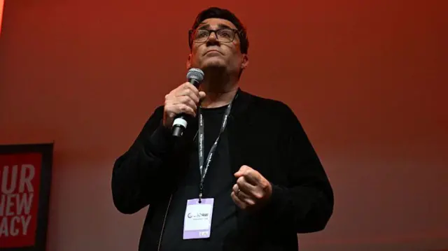 Mayor of Greater Manchester, Andy Burnham speaks at a Fringe event on the first day of the annual Labour Party conference in Liverpool, north-west England, on September 28, 2025