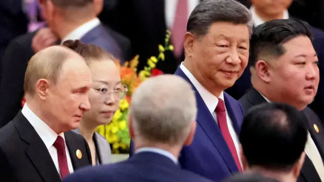 Chinese President Xi Jinping, Russian President Vladimir Putin and North Korean leader Kim Jong Un arrive for a reception marking the 80th anniversary of the end of World War Two, at the Great Hall of the People in Beijing, China September 3, 2025