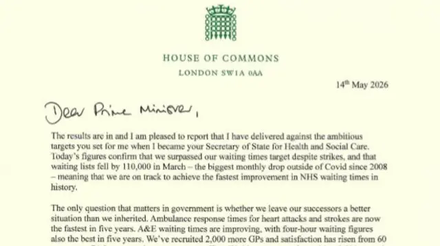 A screenshot of the first page of Wes Streeting's letter to the Prime Minister