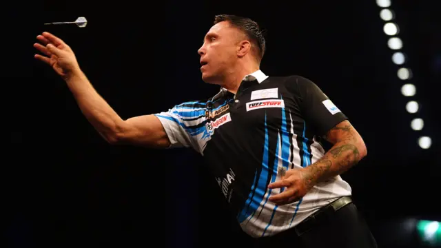 Gerwyn Price during the quarter-final match against Michael van Gerwen (not pictured) on night fifteen of the 2026 BetMGM Premier League at the Utilita Arena, Birmingham