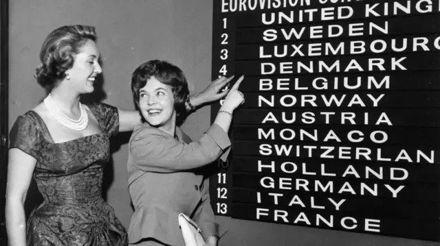 Eurovision compere Katie Boyle [L] checked the scoreboard for the order of the draw in 1960 in a black and white photograph
