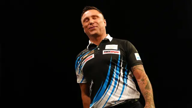 Gerwyn Price during the quarter-final match against Michael van Gerwen (not pictured) on night fifteen of the 2026 BetMGM Premier League at the Utilita Arena, Birmingham