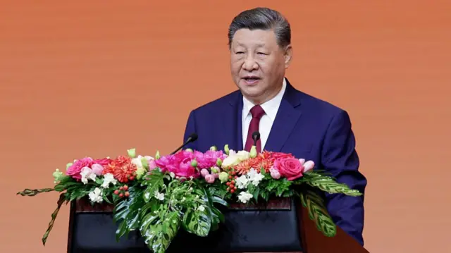 Chinese President Xi Jinping speaks as he hosts a state banquet for U.S. President Donald Trump at the Great Hall of the People on May 14, 2026 in Beijing, China.