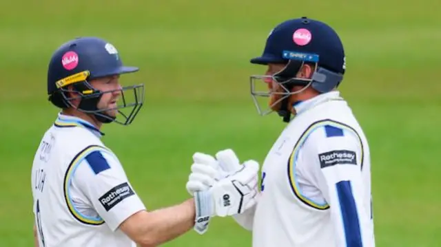 Adam Lyth and Jonny Bairstow congratulating each other by shaking hands on the crease against Surrey.