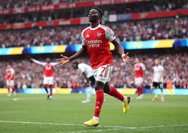 Bukayo Saka of Arsenal celebrates scoring