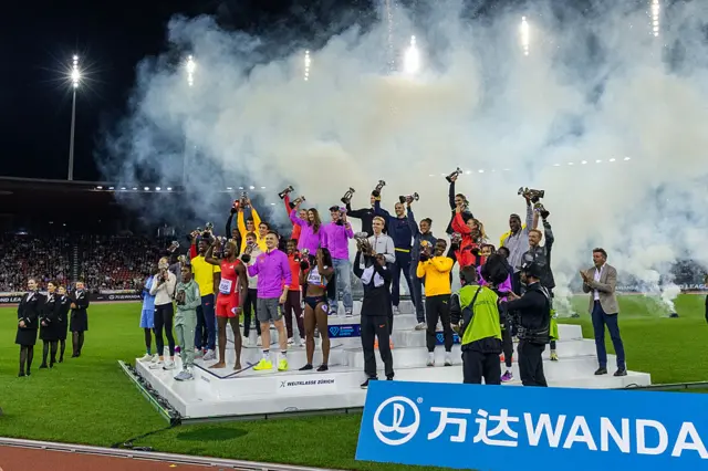 Diamond League trophy winners on the podium at the end of the meet during the Weltklasse Zürich, Wanda Diamond League Final at Letzigrund Stadium on August 28th, 2025