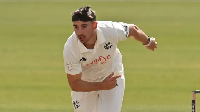 Nottinghamshire bowler Josh Tongue reacts to a delivery