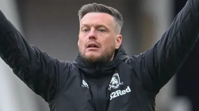 Middlesbrough boss Kim Hellberg holding his arms out during their play-off match against Southampton